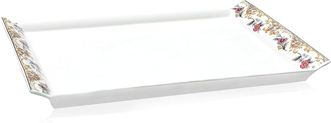 ACMLIFE Bone China Serving Platter, 14 Inch White Rectangular Tray, Elegant Floral Pattern, Ideal for Tea Set, Appetizers, Fruit, Veggies, Desserts