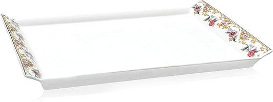 ACMLIFE Bone China Serving Platter, 14 Inch White Rectangular Tray, Elegant Floral Pattern, Ideal for Tea Set, Appetizers, Fruit, Veggies, Desserts