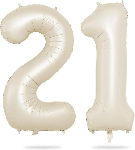 Biapian 40 Inch Cream Number 21 Balloon, 21st Birthday Balloons, Big Digital 21 or 12 Beige White Giant 21 Foil Balloon Helium for 12th 21st Birthday Decorations Anniversary Baby Shower Party Supplies