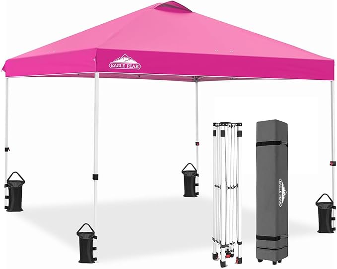 EAGLE PEAK Pop Up Canopy Tent with Wheeled Carry Bag, 8 Stakes, 4 Ropes, 4 Weight Bags, Easy Set Up Tent Canopy, 10x10 ft, 100sqft of Shade, Pink