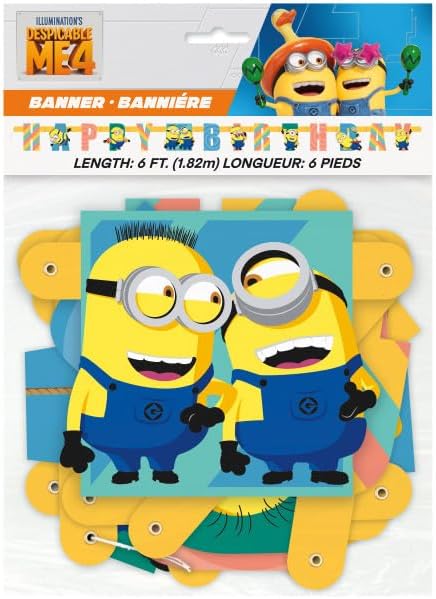 Unique Despicable Me Birthday Party Supplies Bundle Pack includes 1 Happy Birthday Banner, 6 Hanging Swirl Decorations, 1 Dinosaur Sticker Sheet