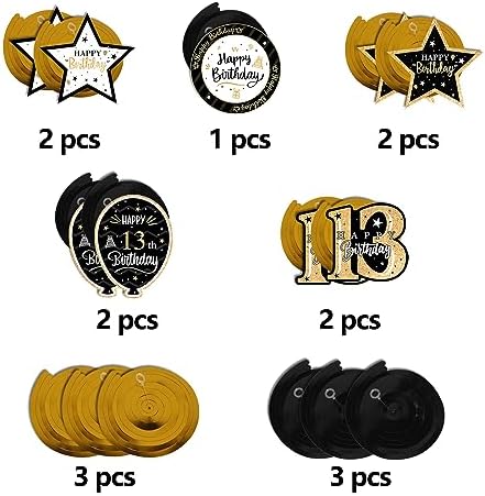 Happy 13th Birthday Black & Gold Glitter Swirls Streamers Party Decorations - 15 Pcs 13th Birthday Hanging Swirls Streamers Kit,Cheers to Thirteen Years Old Bday Party Sign.