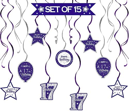 Happy 17th Birthday Purple & Silver Glitter Swirls Streamers Party Decorations - 15 Pcs 17th Birthday Hanging Swirls Streamers Kit,Cheers to Seventeen Years Old Bday Party Sign.