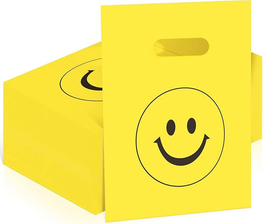 Geyee 300 Pieces Smile Face Gift Bags 6" x 8" Plastic Party Favors Goodie Treat Bags Bulk with Handle for Kids Birthday Party Classroom School Supplies(Yellow)