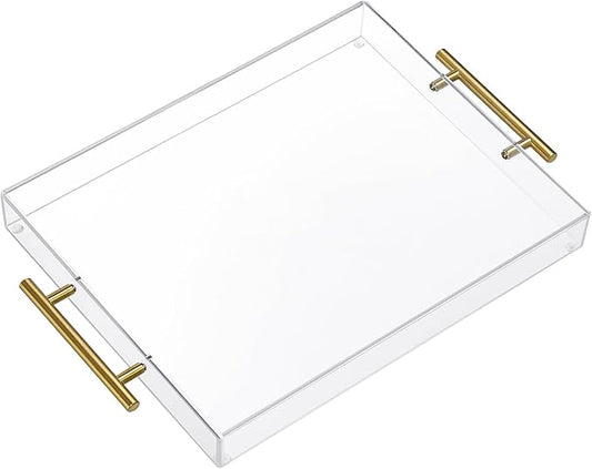 11"x14" Clear Acrylic Serving Tray with Golden Handles, Sturdy Huge Capacity Acrylic Tray for Coffee, Juice, Kitchen and Desk Organizer (11"x14")