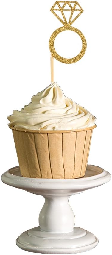 50 Pack Cupcake Toppers Gold Glitter Mini Diamond Ring Cakes Toppers for Marriage Engagement Anniversary Birthday Valentines Party Cake Decor