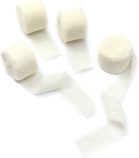 4 Rolls Cream White Handmade Fringe Chiffon Silk Ribbon 1" W x 5Yd Per Roll,Frayed Edges Ribbon Set for Gifts Wrapping,Wedding Invitations,Bouquets,DIY Crafts (1" x20Yd, Cream White)