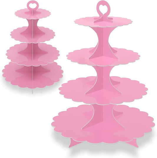 2 Pack 4-Tier Round Cupcake Stand,Pink Cardboard Dessert Display Stand for Theme Party & Wedding & Birthday & Baby Showers