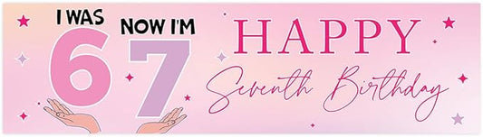 Andaz Press 13x48 Inch 6 7 Birthday Banner Decorations, I Was 6 Now I'm 7 Birthday Banner Pastel Purple Pink 67 Happy Birthday Party Banner for Girls, Home or Party Decor Backdrop Sign with Adhesive