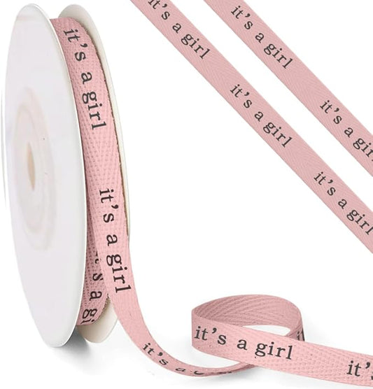 Baby Shower Cotton Ribbon, 3/8" x 10 Yards It's a Girl Ribbons Soft Pink Fabric Ribbon for Gift Wrapping DIY Crafts