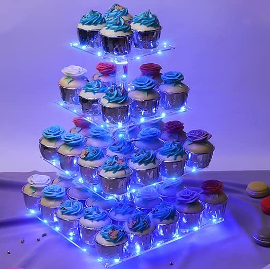weddingwish Cupcake Stand, 4-Tier Square Acrylic Cupcake Display Stand with LED String Lights Dessert Tower Pastry Stand for Birthday or Wedding Party