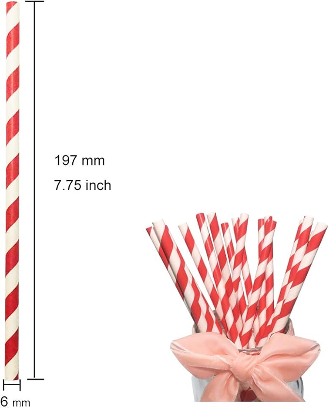Biodegradable Red Striped Straws Bulk 100, Disposable Red and White Coca Cola Party Paper Straws for Cocktail, Milkshake, Coffee, Lemonade