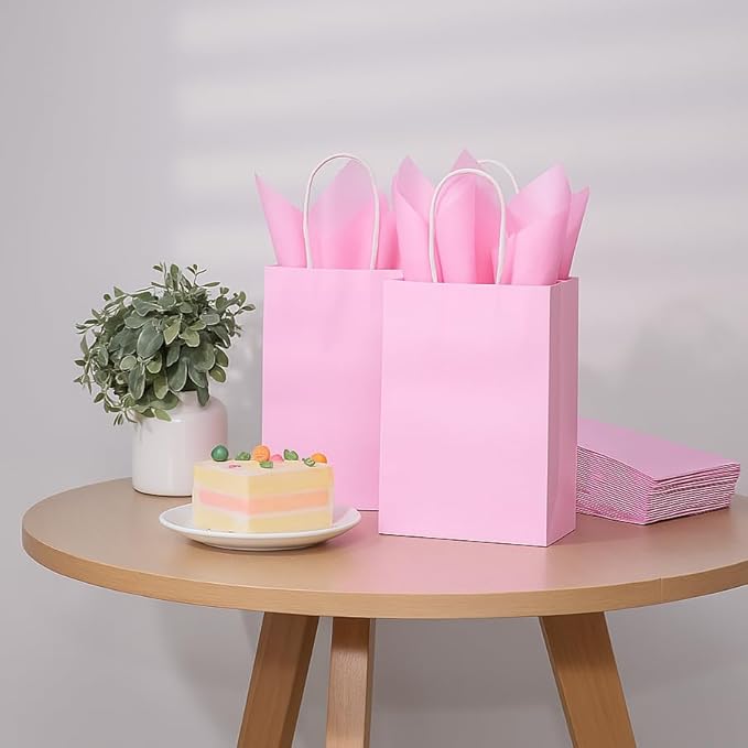 SUNCOLOR 24-Pack Pink Gift Bags with Handles, Small Kraft Paper Goodie Bags, Includes Tissue Paper for Baby Showers, Birthdays, Bridal Showers, 7.9x5.12x3.15 Inches