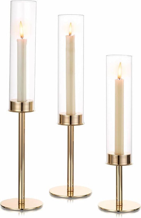 Hewory Gold Candle Holders, 3Pcs Hurricane Candlestick Holders with Glass Candle Cover for Wedding Table Centerpiece Christmas Decor