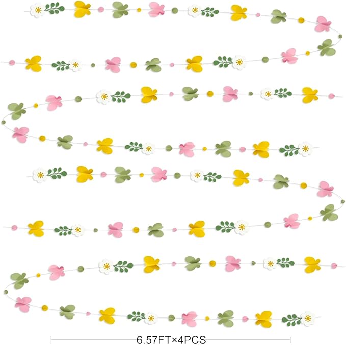 Spring Decorations Flowers 3D Butterflies Dots Garland Green Pink Yellow Hanging Paper Streamer for Spring Birthday Baby Shower Mother's Day Wedding Bridal Shower Tea Party Decorations Supplies