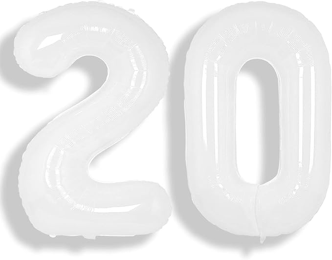 SUWEN 40 Inch White Large 20 Number Balloons Big Foil Helium Number Balloons 0-9 Giant Jumbo Happy 20th Birthday Party Decorations for Men or Women Huge Mylar Anniversary Party Supplies