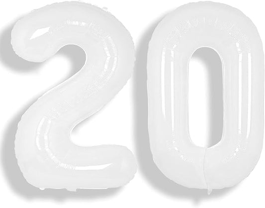 SUWEN 40 Inch White Large 20 Number Balloons Big Foil Helium Number Balloons 0-9 Giant Jumbo Happy 20th Birthday Party Decorations for Men or Women Huge Mylar Anniversary Party Supplies