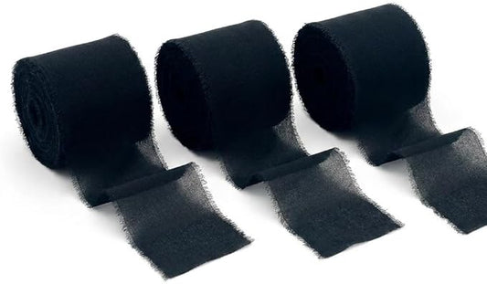 Handmade Chiffon Ribbon 1.5 Inch Wide, 3 Rolls 21 Yards, Classic Frayed Edge Ribbon for Wedding Accents, Invitations, Bouquets & DIY Crafts (Black)