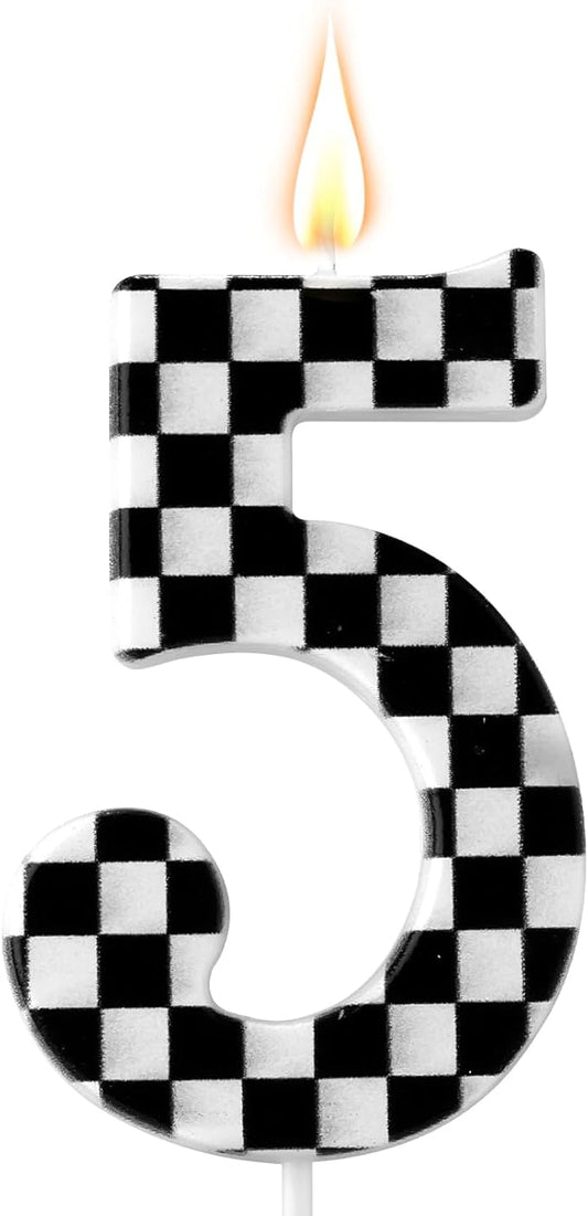 Racing Cars Themed Birthday Candle, Checkered Flag Number Candles Black and White Candles Happy Birthday Cake Topper Party Decorations for Boys Racing Cars Themed Party Supplies (Number 5)