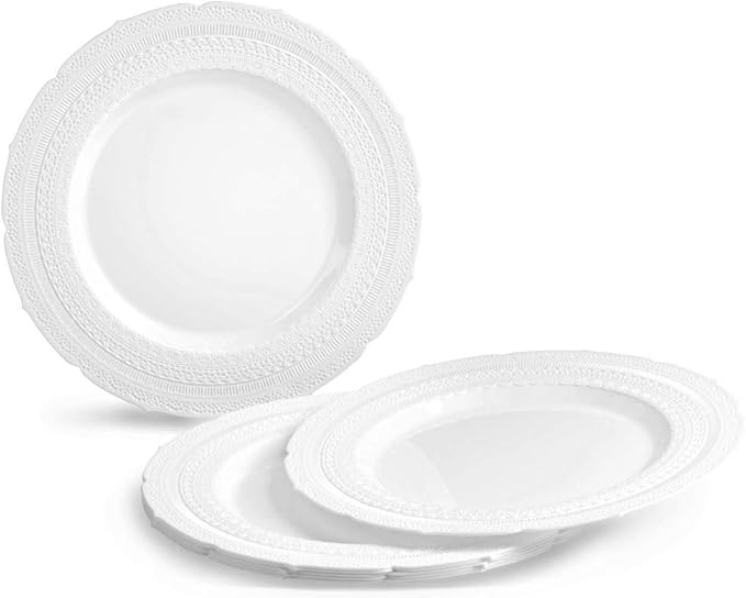 OCCASIONS 50 Disposable Plastic Plates for 25 Guests - Heavy Duty Wedding Party Plate Set, 25 x 11" Dinner + 25 x 8.25" Dessert, Looks Like Real China, Elegant Fancy Reusable, BPA Free (Chateau White)