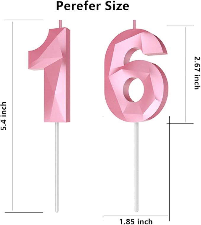 Number Birthday Candles(16 Candle Pink) 3D Diamond Shape 16th Happy Birthday Cake Topper Decorations for Girl Women Birthday Wedding Anniversary Celebration Theme Party Supplies
