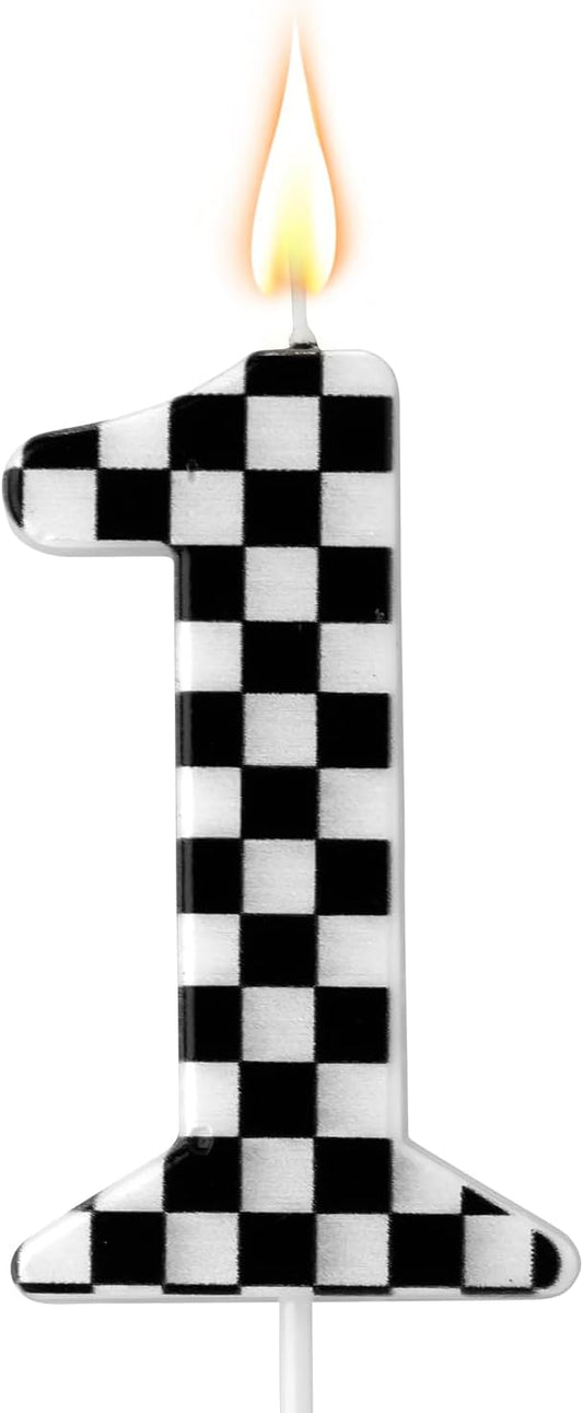 Racing Cars Themed Birthday Candle, Checkered Flag Number Candles Black and White Candles Happy Birthday Cake Topper Party Decorations for Boys Racing Cars Themed Party Supplies (Number 1)