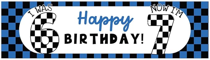 Andaz Press 13x48 Inch 6 7 Birthday Banner Decorations, I Was 6 Now I'm 7 Birthday Banner Blue Checkered 67 Happy Birthday Party Banner for Boys or Girls, Home or Party Decor Backdrop Sign