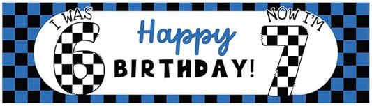 Andaz Press 13x48 Inch 6 7 Birthday Banner Decorations, I Was 6 Now I'm 7 Birthday Banner Blue Checkered 67 Happy Birthday Party Banner for Boys or Girls, Home or Party Decor Backdrop Sign