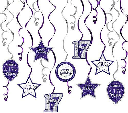 Happy 17th Birthday Purple & Silver Glitter Swirls Streamers Party Decorations - 15 Pcs 17th Birthday Hanging Swirls Streamers Kit,Cheers to Seventeen Years Old Bday Party Sign.