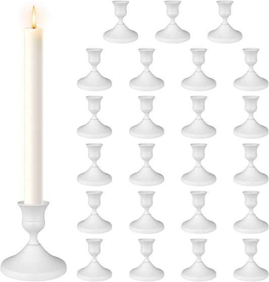 Candle Holders Set of 24, Vintage Metal Candlestick Holders for Dinner Room Table Centerpiece, Low Metal Candles Sticks for Wedding Centerpieces Christmas Birthday Party (24, White)