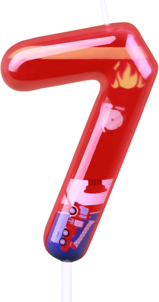 Number 7 Candle, Firetruck Fireman Cake Decoration, 7th Birthday Candle Birthday Party Supplies Firefighter Themed Cake Topper Decorations for Kids Boy Girl Party Decor (red, Number 7)