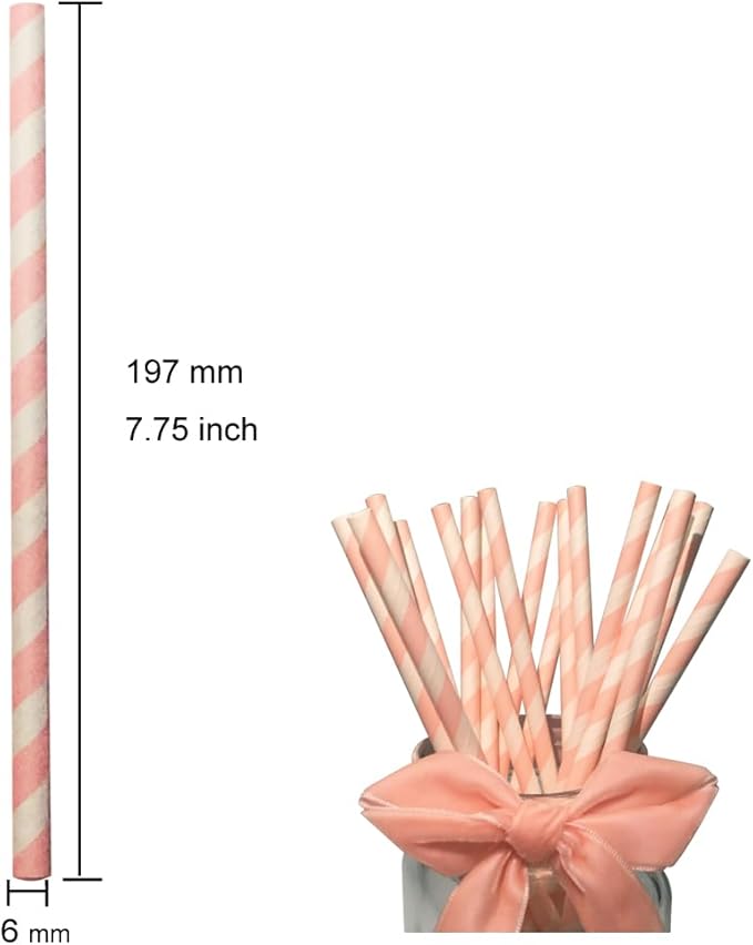 Candy Pink and White Stripes Paper Drinking Straws, 7.75 Inches - Pack of 100 Cute Pink Striped Straw Cake Pop Straws for Valentine Wedding Birthday Party Decoration