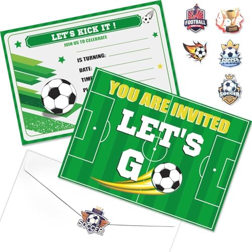 20Pcs Soccer Party Invitations Sets with Envelopes Soccer Favors Birthday Invitation Cards for Boys Kids Fan Sports Event Soccer Party Supplies, 6.7x4.7 Inch