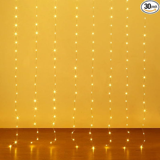 Curtain Lights 8ft x 6ft, 144 LED Twinkle Fairy String Lights Curtain with Remote & Timer, IP65 Waterproof, USB Powered for Indoor Outdoor Wall Bedroom Backdrop Christmas Decor - Warm White