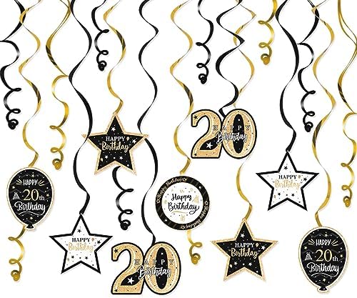Happy 20th Birthday Black & Gold Glitter Swirls Streamers Party Decorations - 15 Pcs 20th Birthday Hanging Swirls Streamers Kit,Cheers to Twenty Years Old Bday Party Sign.