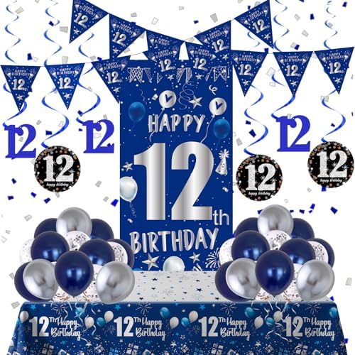 Blue Silver 12th Birthday Decorations for Boys Girls