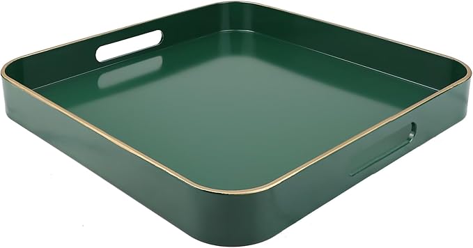 Green Square Decorative Tray with Handles, 13"*13" Versatile Serving Tray for Coffee Table, Ottoman, Ideal for Serving, Displaying, Organizing