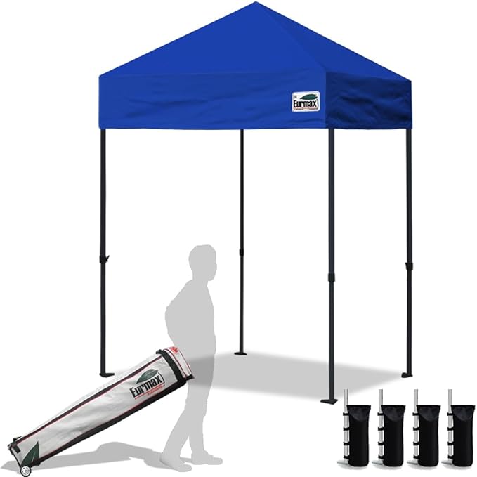 Eurmax USA 5x5ft Pop Up Canopy, Commercial Instant Tent for Outdoor Events, Patented No-Tip Rolling Storage Bag with 4 Sandbags, UV & Water Resistant, Heavy Duty Portable Shelter Gazebo,Blue