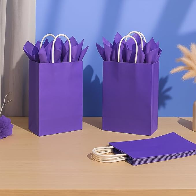 SUNCOLOR Purple Gift Bags with Tissue Paper, 24 Pack Small Kraft Paper Party Favor Bags with Tissue Papers, 7.9 x 5.12 x 3.15 Inches with Handles for Birthdays, Weddings, Bridal Showers