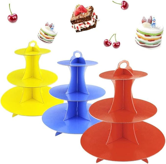 3 Pack Cupcake Stand, 3-Tier Colorful Round Cardboard Cup Cake Tower Dessert Holder Stand, Reusable Pastry Serving Platter Food Display, Birthday Wedding Special Event Decoration