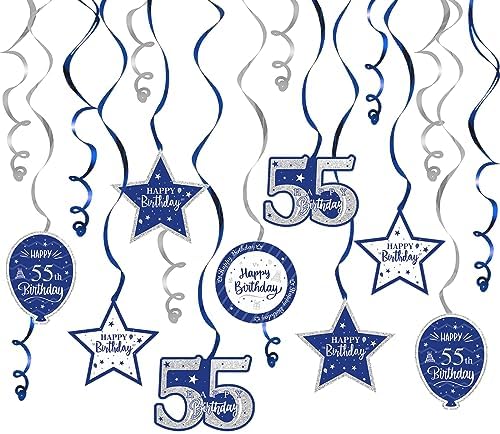 Happy 55th Birthday Blue & Silver Glitter Swirls Streamers Party Decorations - 15 Pcs 55th Birthday Hanging Swirls Streamers Kit,Perfect for 55th Bday Party Sign.