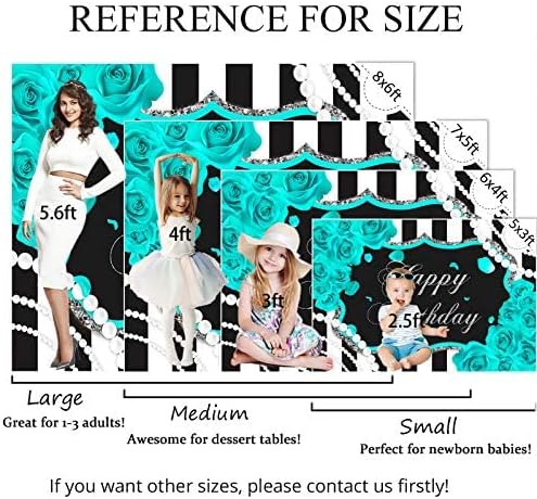 Mocsicka Silver Turquoise Floral Birthday Backdrop for Girl 7x5ft Black and White Stripes Teal Background Quinceanera 15th Birthday Party Decoration (8x6ft(96x72 inch))