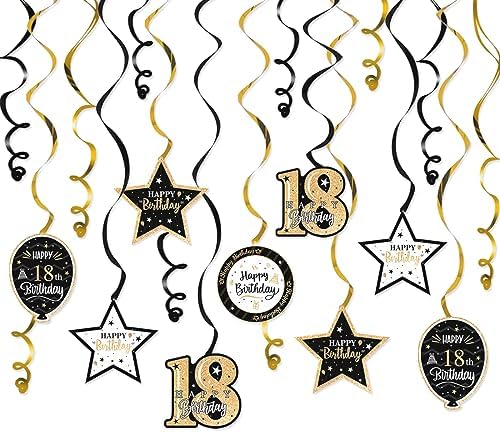 Happy 18th Birthday Black & Gold Glitter Swirls Streamers Party Decorations - 15 Pcs 18th Birthday Hanging Swirls Streamers Kit,Cheers to Eighteen Years Old Bday Party Sign.