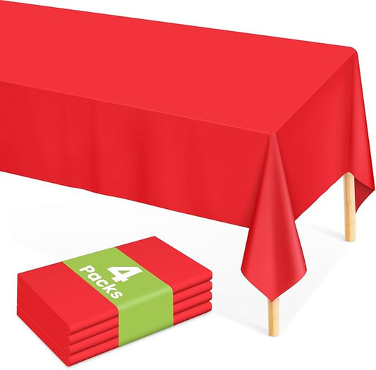 Mulbozy Red Plastic Table Cloth Disposable 4 Pack, 54 × 108 Inch Tablecloths Rectangle, Red Plastic Table Cover for Party Decor