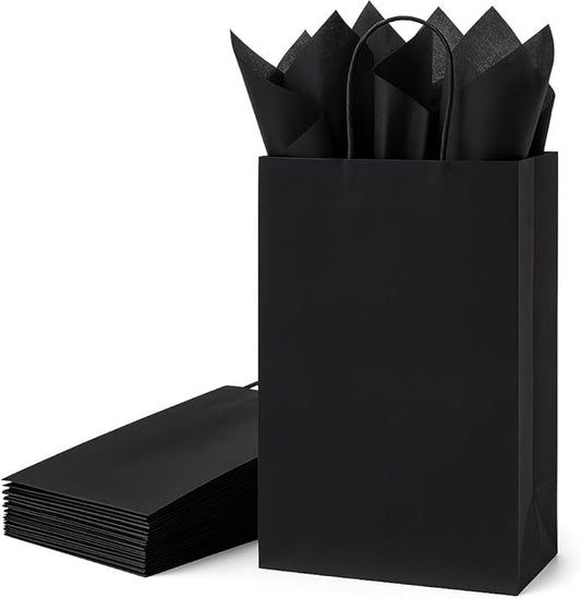SUNCOLOR Black Gift Bags With Handles, 24 Pack Small Kraft Paper Party Favor Bags, 7.9 x 5.12 x 3.15 Inches With Tissue Paper for Halloween, Weddings, Corporate Events