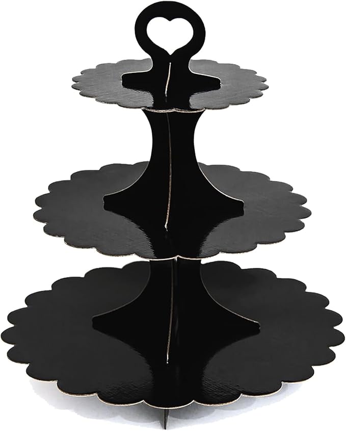 Black Cupcake Stand, 3-Tier Cardboard Dessert Display Tower, Perfect Size for Small Parties Birthday Wedding Baby Shower, Easy Assembly (1-Pack) ﻿