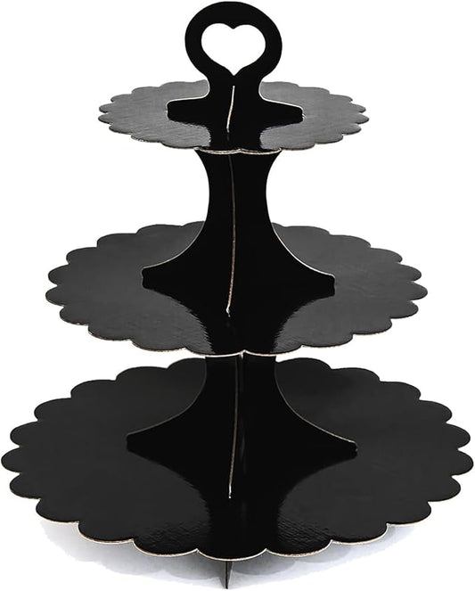Black Cupcake Stand, 3-Tier Cardboard Dessert Display Tower, Perfect Size for Small Parties Birthday Wedding Baby Shower, Easy Assembly (1-Pack) ﻿
