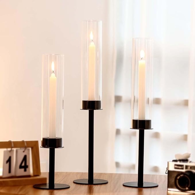 Black Candle Holders 3pc Hurricane Candlestick Holders,Taper Candle Holders with Glass Candle Cover for Wedding Table Centerpiece Decoration Christmas Party