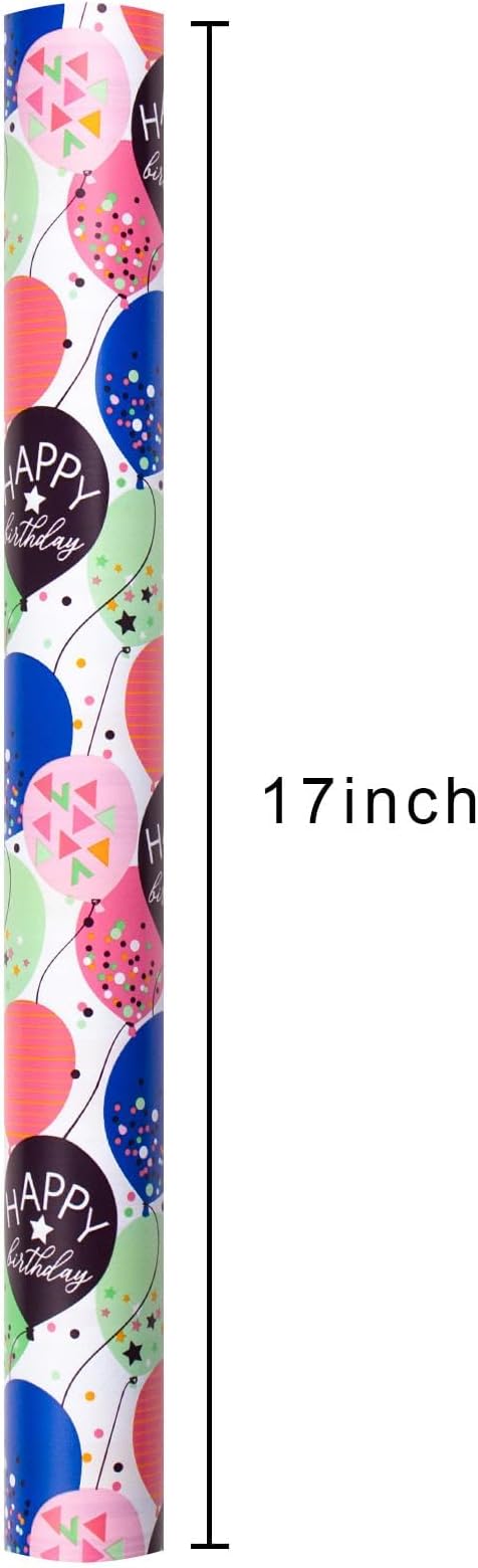 MAYPLUSS Birthday Gift Wrapping Paper Roll - 17 Inch x 16.4 Feet - Colorful Kids Style Confetti Balloons Birthday Festive Gift Wrap Paper for Boys,Girls Celebration, Holiday, Party, Baby Shower