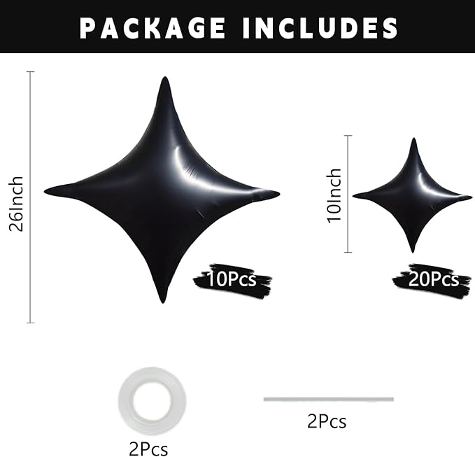 TONIFUL 30Pcs 26In&10In Star Balloons Black Four Pointed Foil Mini Star Mylar Balloons for New Year Halloween Chrismas Birthday Wedding Anniversary Engagement